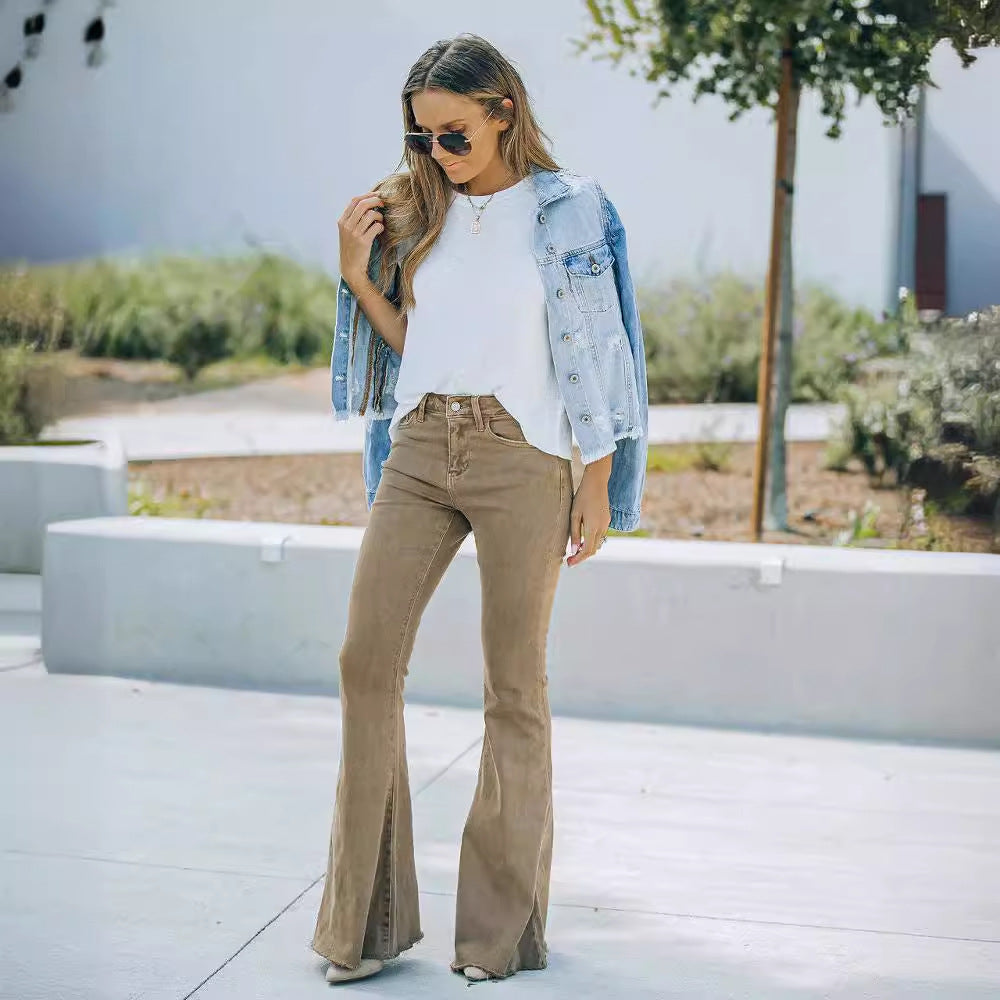Damen Schlagjeans im Vintage-Stil mit hohem Bund Drune
