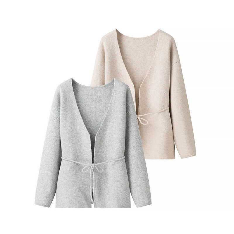 Damen lockere Strickjacke mit Taillenschnürung und weitem V-Ausschnitt Drune