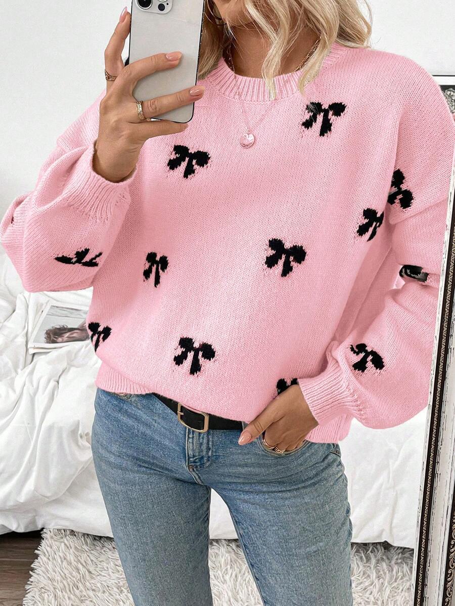 Damen Strickpullover mit dekorativem Schleifenmuster Drune