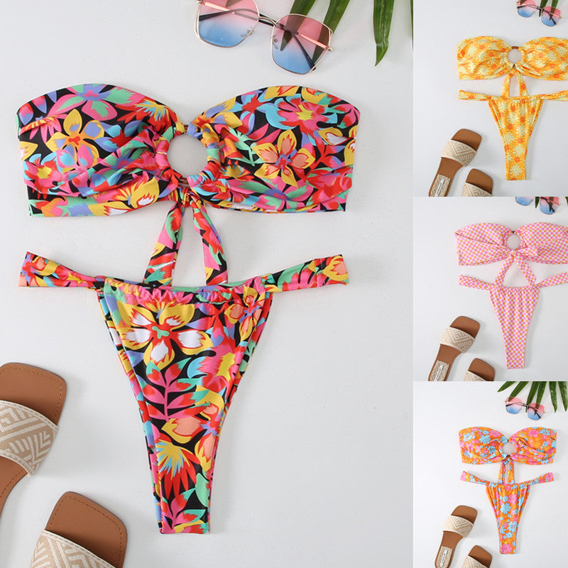 Damen Bandeau Bikini mit kreativem Raffungseffekt und verspieltem Design Drune