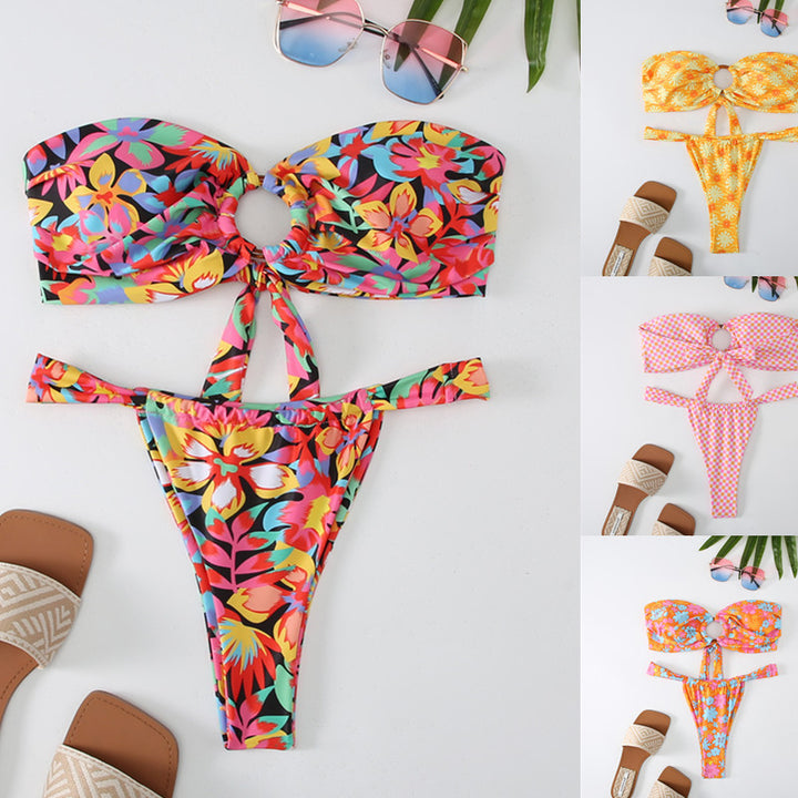 Damen Bandeau Bikini mit kreativem Raffungseffekt und verspieltem Design Drune