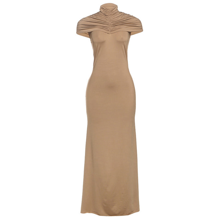 Damen Elegantes Maxikleid mit hochgeschlossenem, drapiertem Kragen Drune