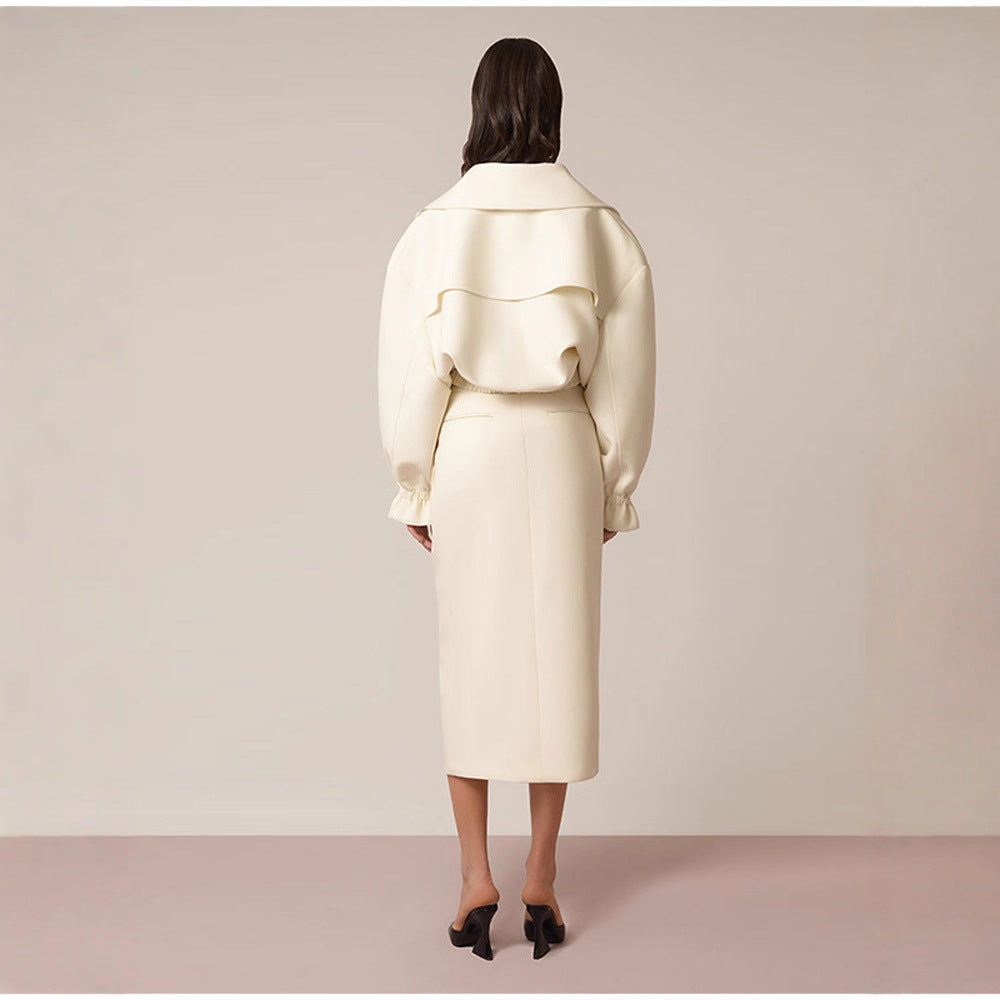 Damen Modische Kurzjacke mit aufgesetzten Taschen und breitem Kragen Drune