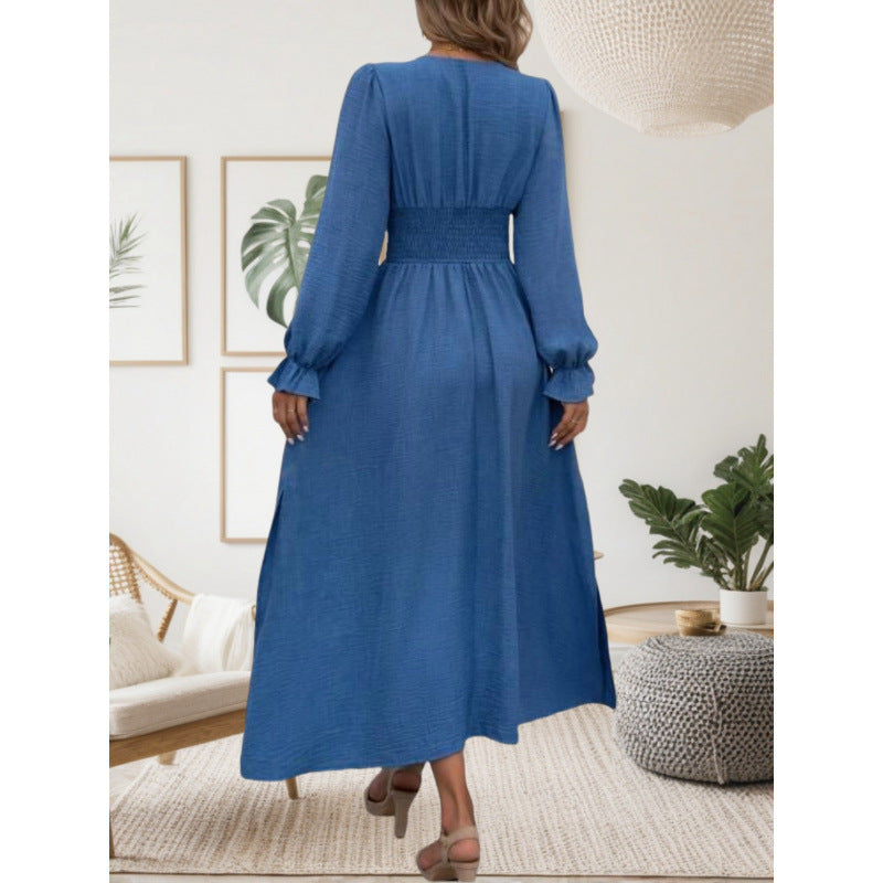 Damen Maxikleid mit tiefem V-Ausschnitt und langen Puffärmeln Drune