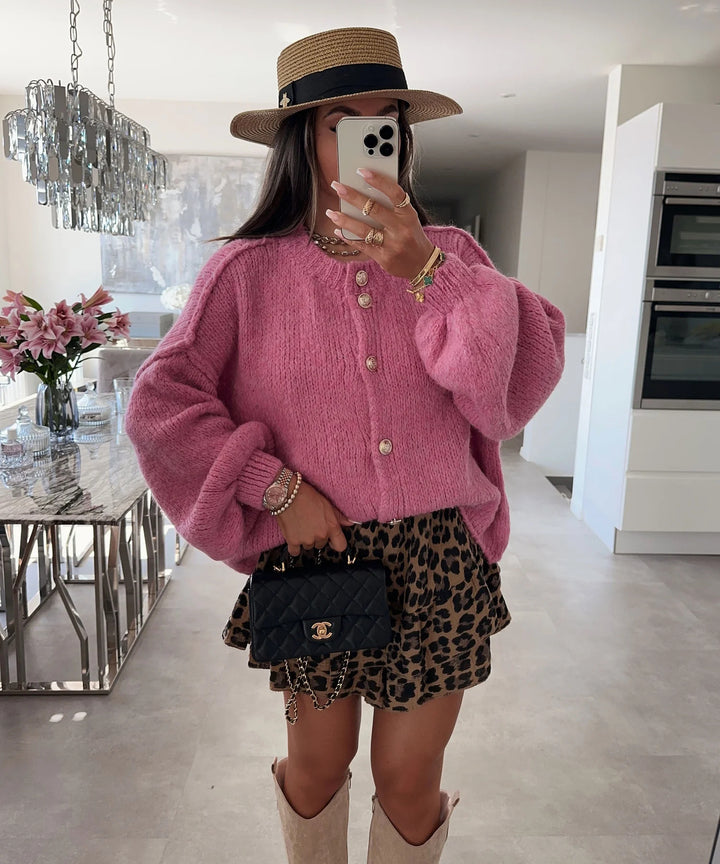 Damen modische Strickjacke mit Overzised-Ärmeln und Knopfdetails Drune