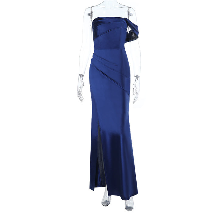 Damen Elegantes Off-Shoulder Maxikleid mit asymmetrischem Schnitt und seitlichem Schlitz Drune
