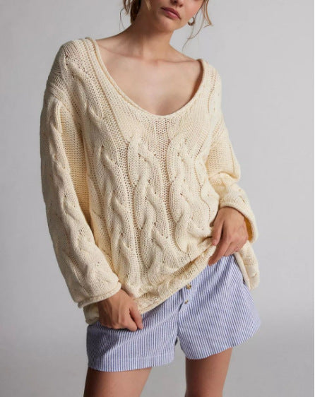 Damen Strickpullover mit innovativem Zopfmuster und weitem Ausschnitt Drune
