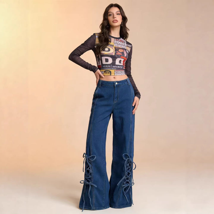 Damen Schlagjeans mit trendigem Schnürdetail und weitem Bein Drune