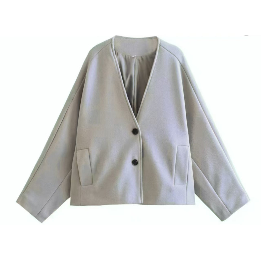 Damen nan oversized V-Neck Kurzjacke aus Wollmix mit Raglanärmeln und aufgesetzten Taschen Drune