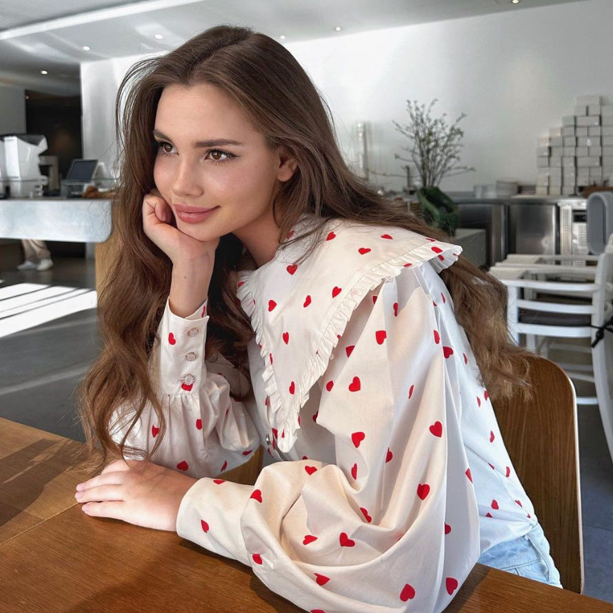 Damen Verspielte Bluse mit Rüschendetails und Herzmuster Drune