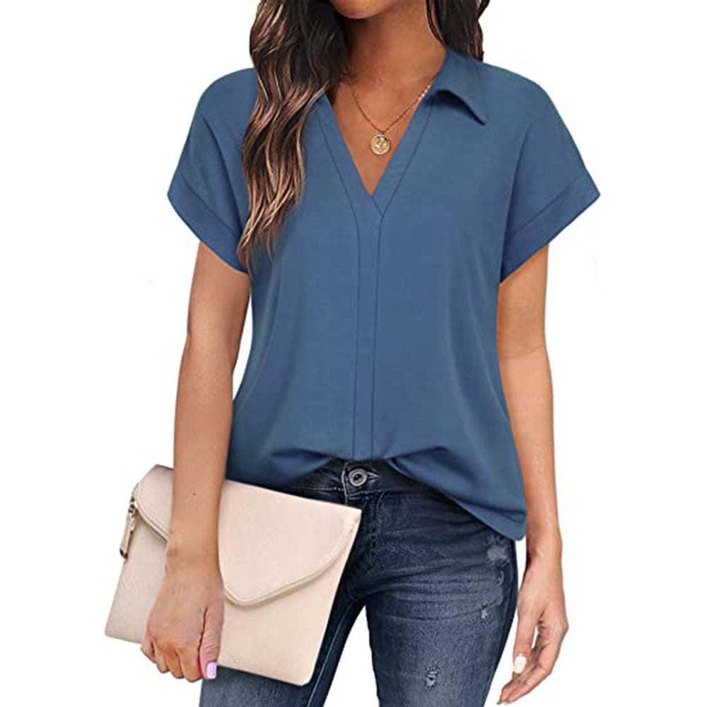 Damen V-Ausschnitt Bluse mit kurzen Ärmeln und eleganter Knopfleiste Drune