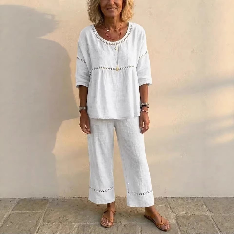 Damen Kompletter Loungewear-Anzug aus Leinen mit luftiger Passform und Spitzenakzenten Drune