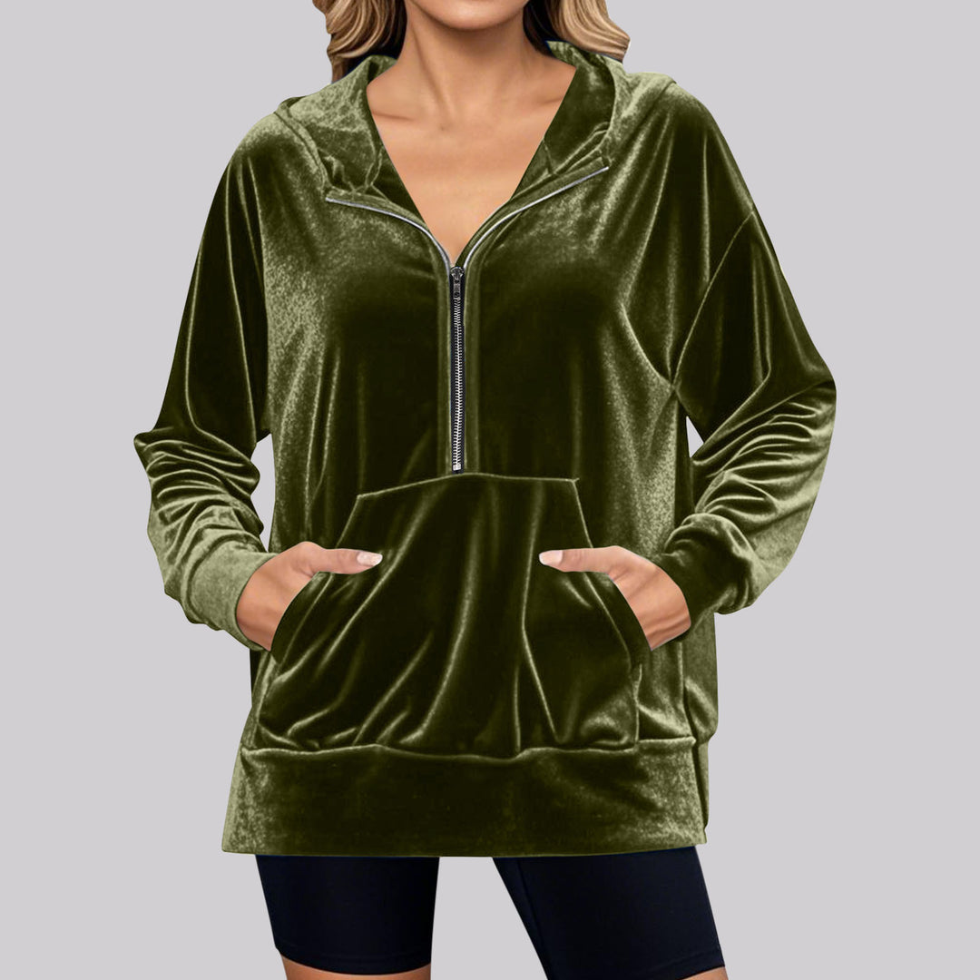 Damen Hochwertiger Kapuzenpullover aus Samt mit Reißverschluss Drune