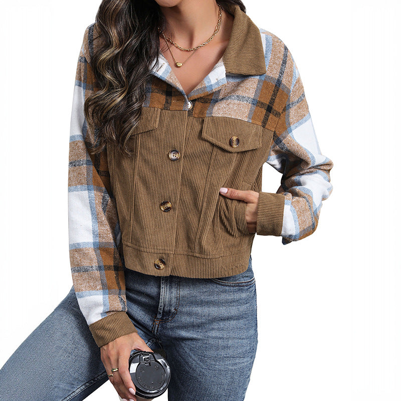 Damen elegante Karottenjacke mit karierten und cordartigen Elementen Drune