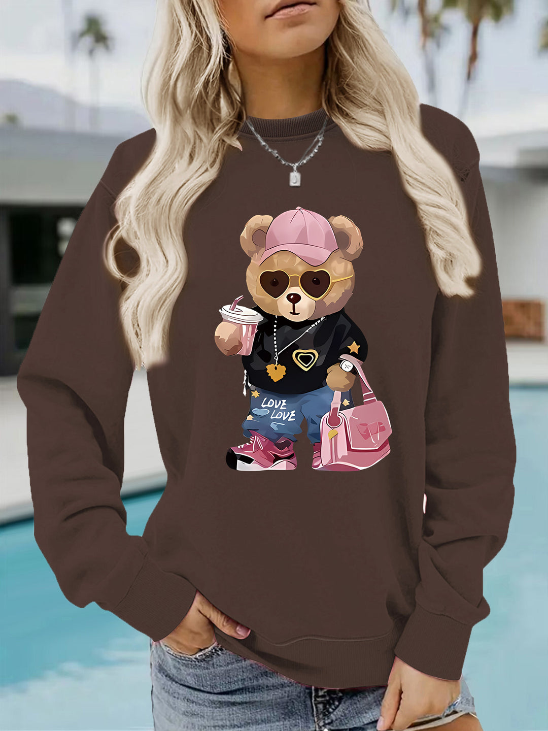 Damen Sweatshirt mit einzigartigem Cartoon-Bären-Motiv und modischem Schriftzug Drune