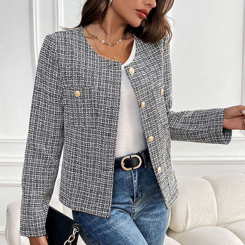 Damen elegante Bouclé-Jacke mit goldenen Knopfdetails Drune