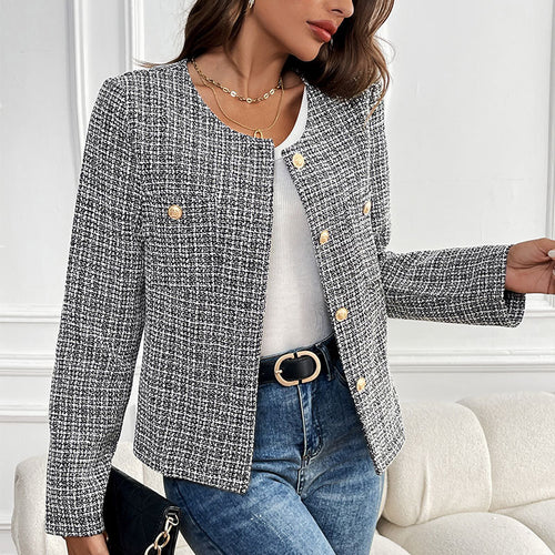 Damen elegante Bouclé-Jacke mit goldenen Knopfdetails Drune