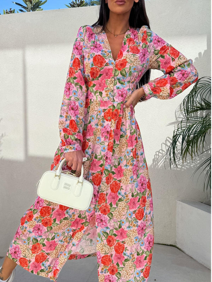 Damen Langarm Kleid mit floralem Design und tailliertem Schnitt Drune