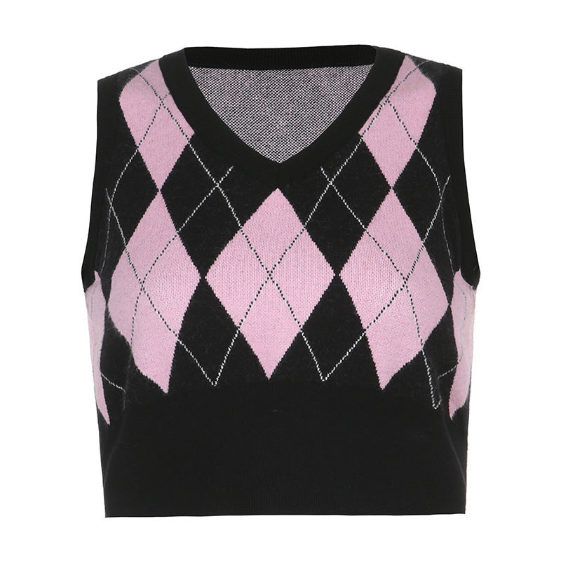 Damen cropped Stricktop mit modernem Rautenmuster Drune