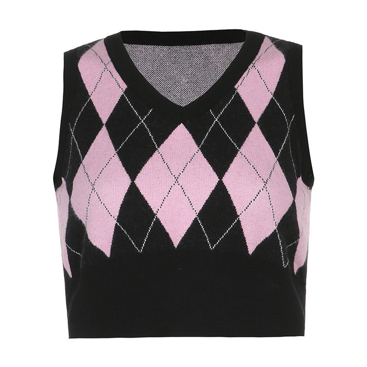 Damen cropped Stricktop mit modernem Rautenmuster Drune