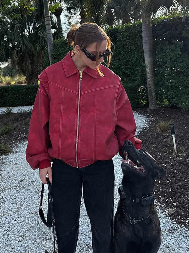 Damen Kunstlederjacke mit voluminösen Ärmeln und hohem Kragen Drune