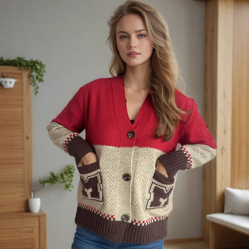 Damen Strickjacke mit dekorativen Taschen und modernem Farbblockdesign Drune