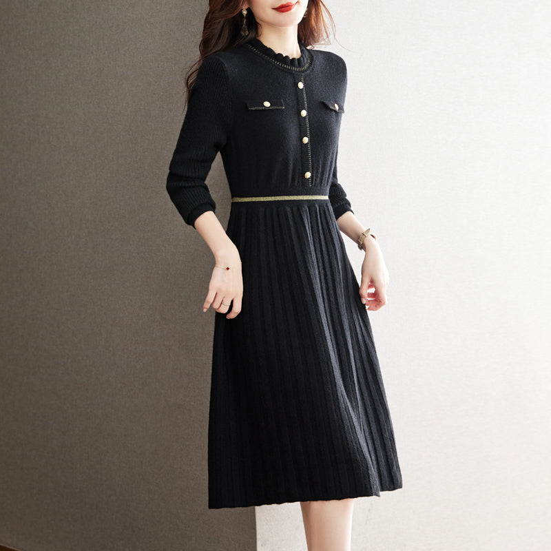 Damen Strickkleid mit eleganter Rückenansicht und hochgeschlossenem Kragen Drune