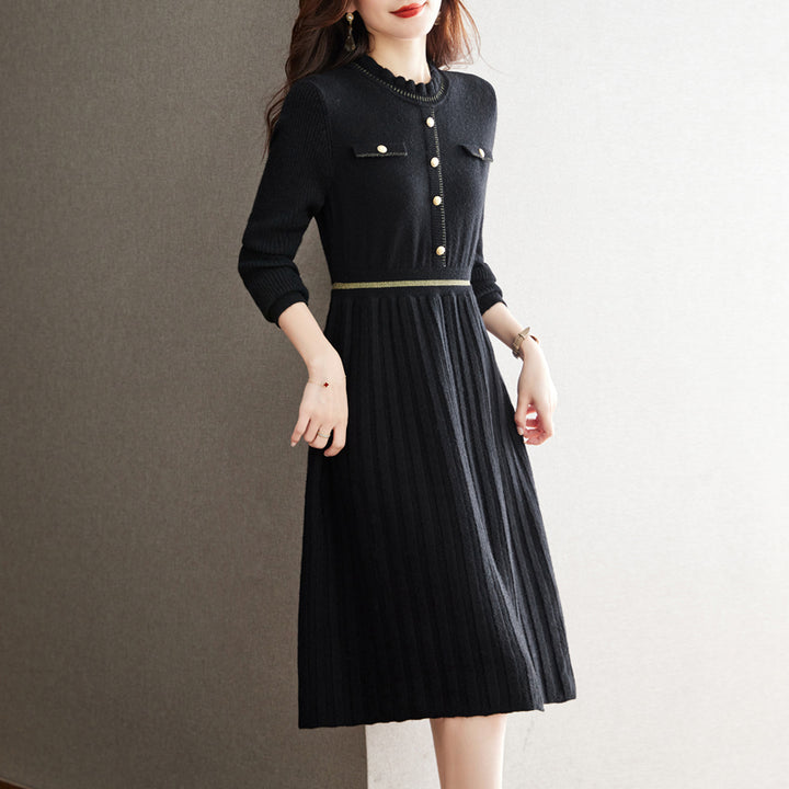 Damen Strickkleid mit eleganter Rückenansicht und hochgeschlossenem Kragen Drune
