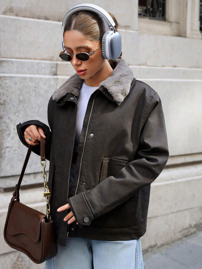 Damen lässige Übergangsjacke mit Kunstfellkragen und praktischen Taschen Drune