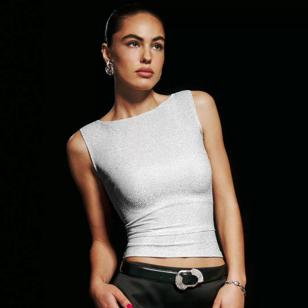 Damen figurbetontes Glitzer-Top mit asymmetrischem Schnitt und elegantem Tragekomfort Drune