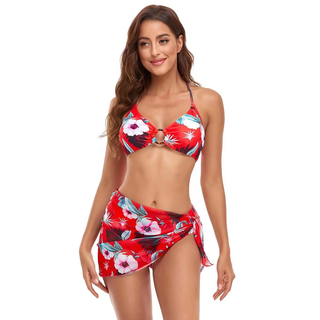 Damen Triangel-Bikini-Set mit modischem Wickelrock und floralem Design Drune