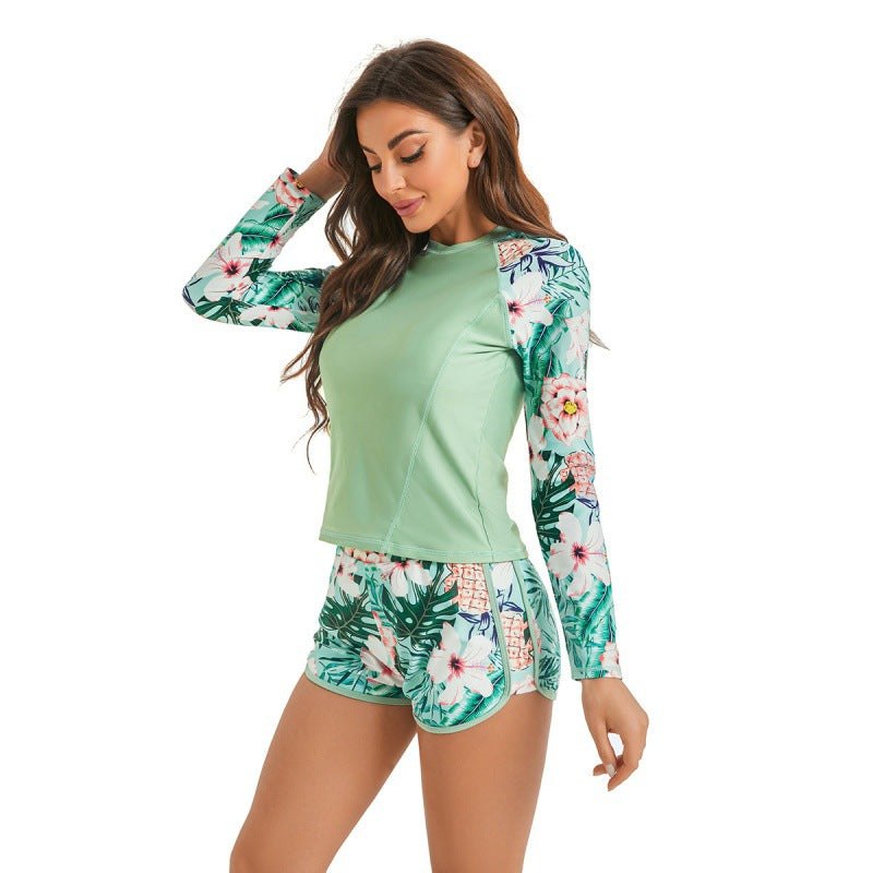 Damen Surfanzug-Set mit langärmeliger Oberteil und modischem Blumenmuster Drune