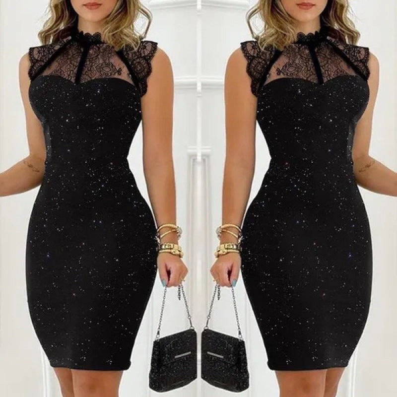 Damen Abendkleid mit exklusivem Spitzenkragen und schimmernden Akzenten Drune