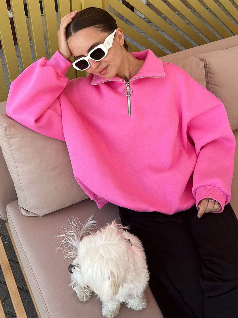 Damen modischer Oversized-Fleece-Pullover mit hohem Kragen Drune