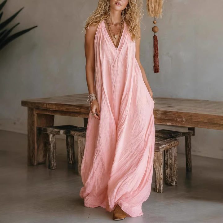 Damen Luftiges Maxikleid mit tiefem V-Ausschnitt Drune