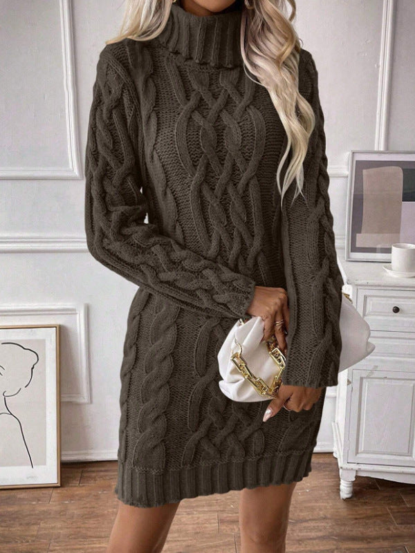 Drune | Strickkleid Figurbetonter Schnitt Kabelstrick Hoher Kragen Lange Ärmel