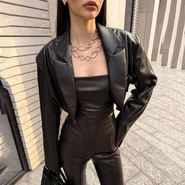 Damen Elegantes Lederanzug mit modischem Blazer und schmal geschnittenen Hosen Drune