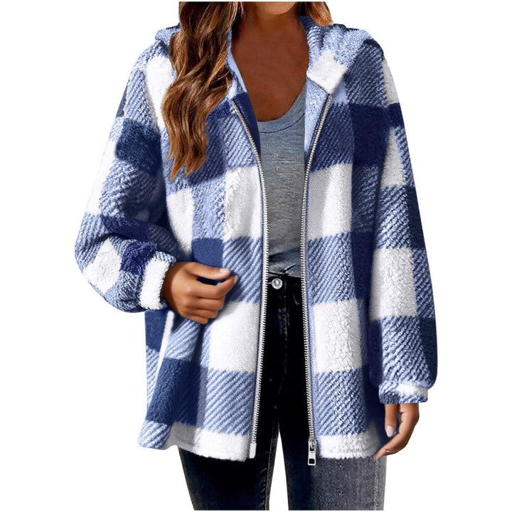 Damen Fleecejacke mit Karo-Muster und Kapuze Drune