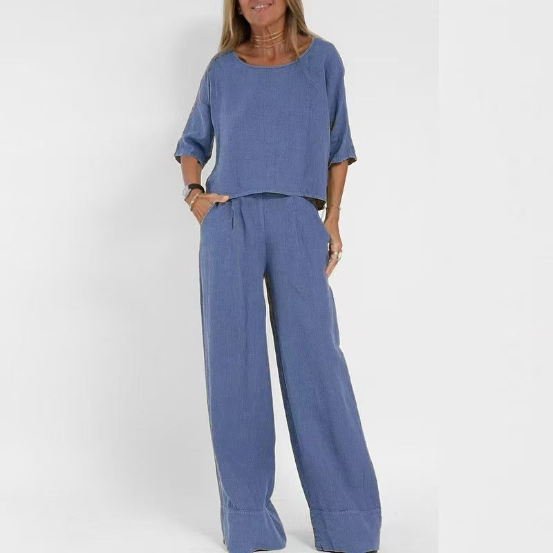 Damen luftiges Leinen-Ensemble mit weitem Schnitt und praktischen Taschen Drune
