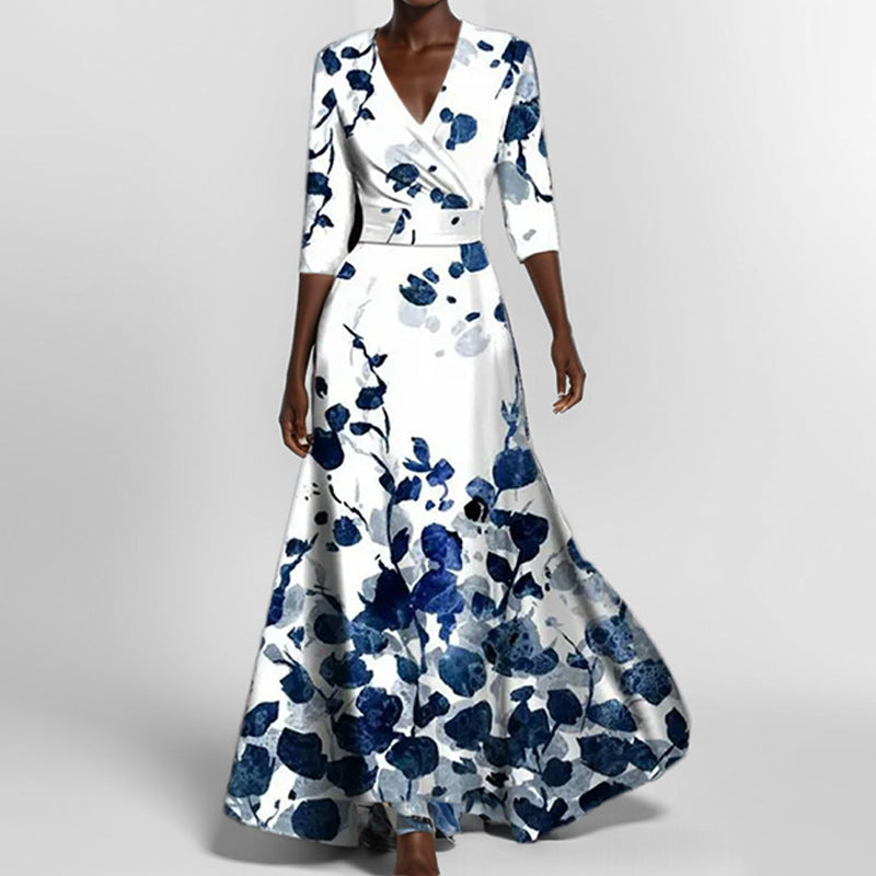 Damen Maxikleid mit buntem abstrakten Muster und V-Ausschnitt Drune