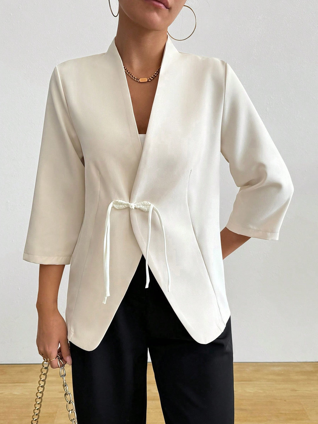 Damen Modischer Wickelblazer mit Taillenzug und 3/4-Ärmeln Drune