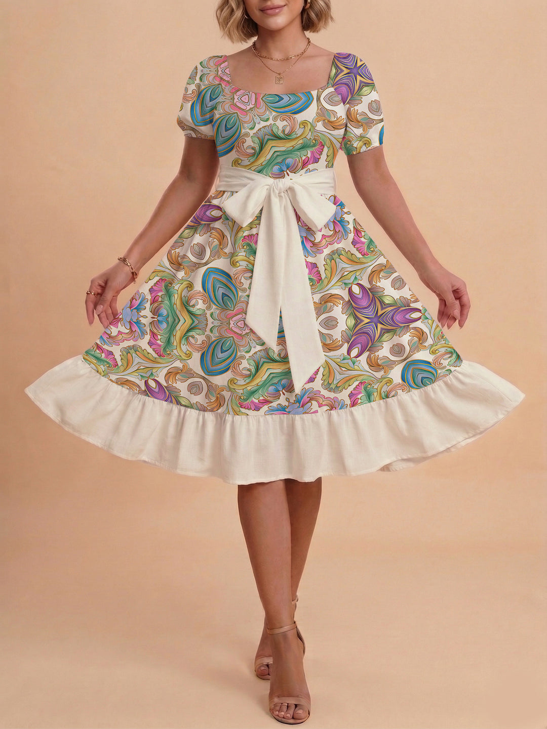 Damen elegantes Maxikleid mit floralem Design und Taillengürtel Drune