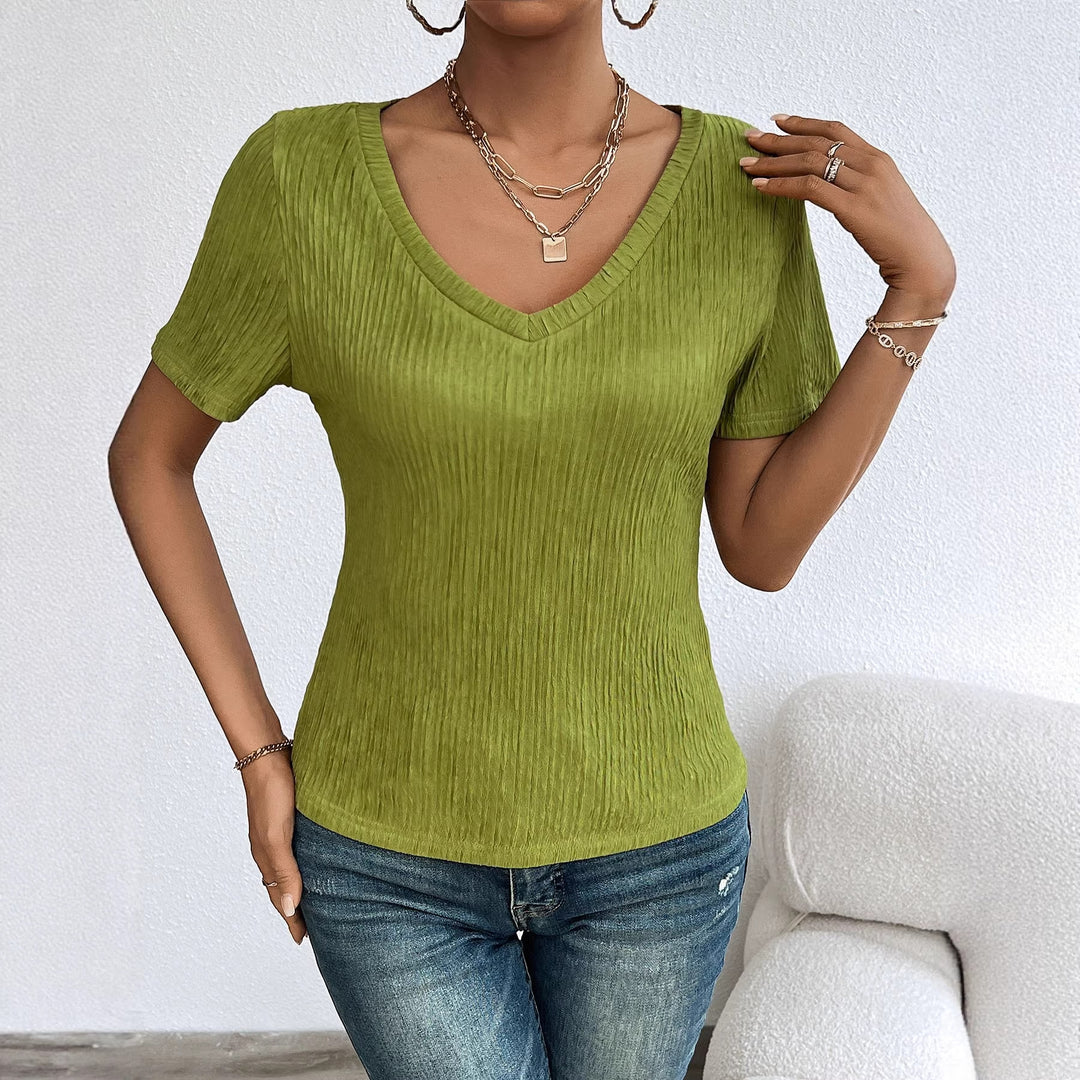 Damen V-Ausschnitt Kurzarmshirt mit feiner Rippstruktur Drune