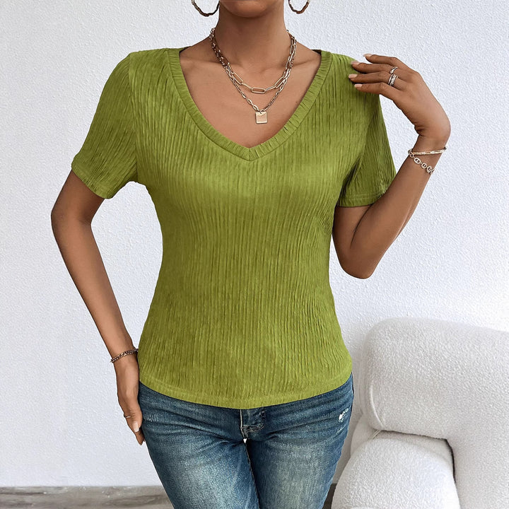Damen V-Ausschnitt Kurzarmshirt mit feiner Rippstruktur Drune
