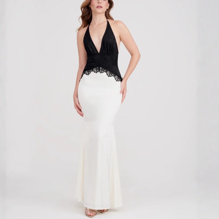 Damen Schickes Maxikleid mit Spitzenoberteil und V-Ausschnitt Drune