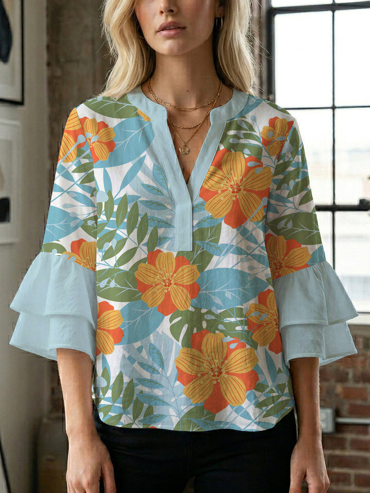 Damen elegantes Blusenshirt mit voluminösen Rüsenärmeln und grafischem Blumendesign Drune