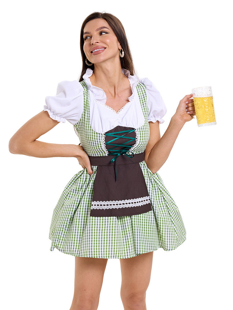 Damen nan kurzes kariertes Trachten Dirndl mit Schnürung Puffärmel und Schürze Drune