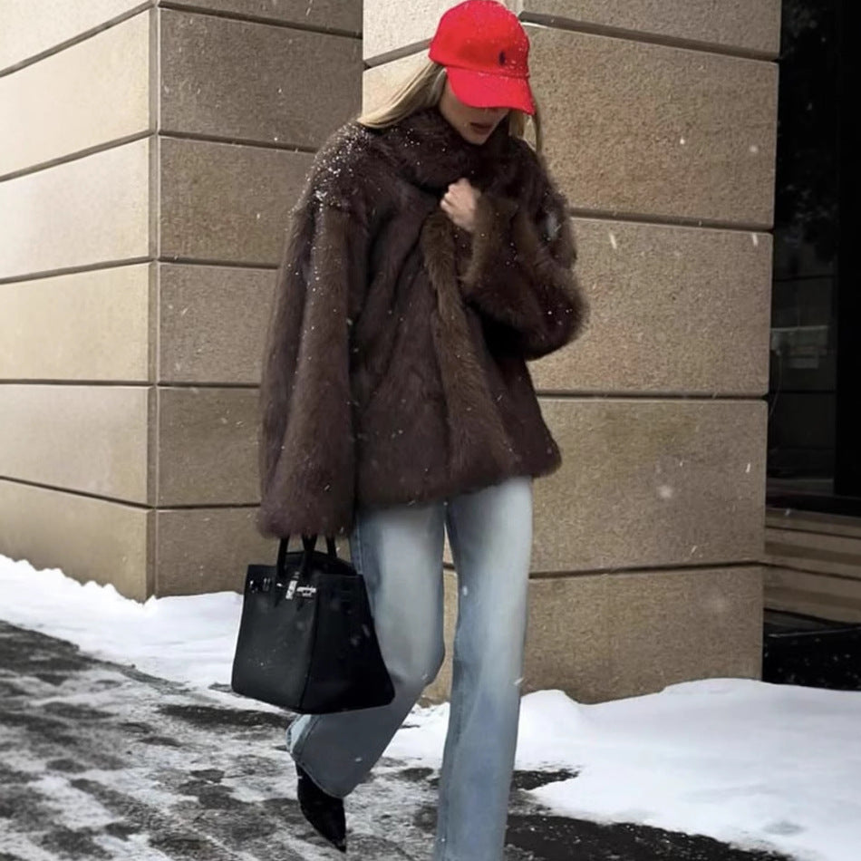 Damen Oversized Kunstfell-Mantel mit weich gefüttertem Innenfutter Drune