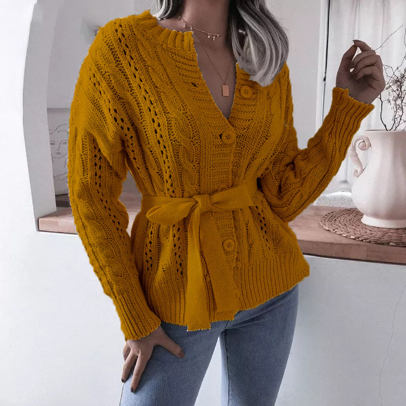 Damen Strickjacke mit gewaschenem Zopfmuster und Taillengürtel Drune
