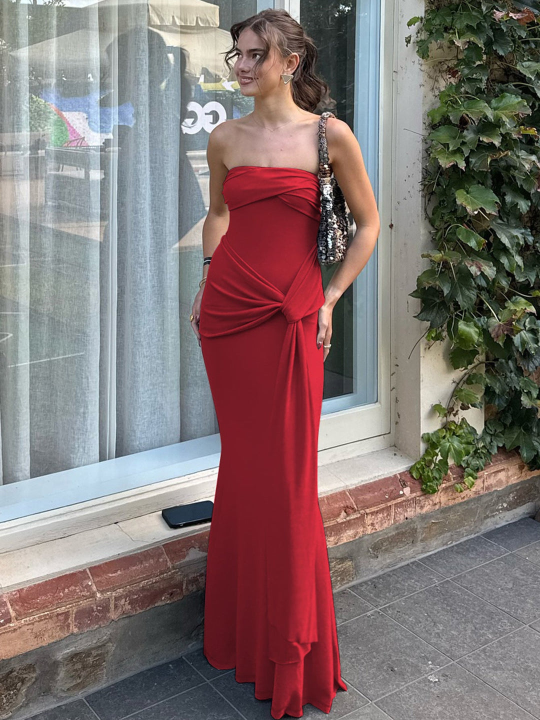 Damen Strapless Maxikleid mit raffiniertem Wickeldesign Drune